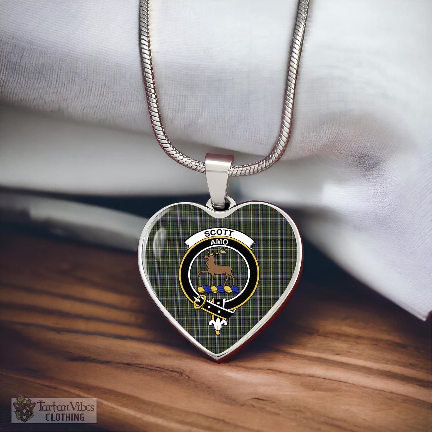 Tartan Vibes Clothing Scott Green Tartan Heart Necklace with Family Crest