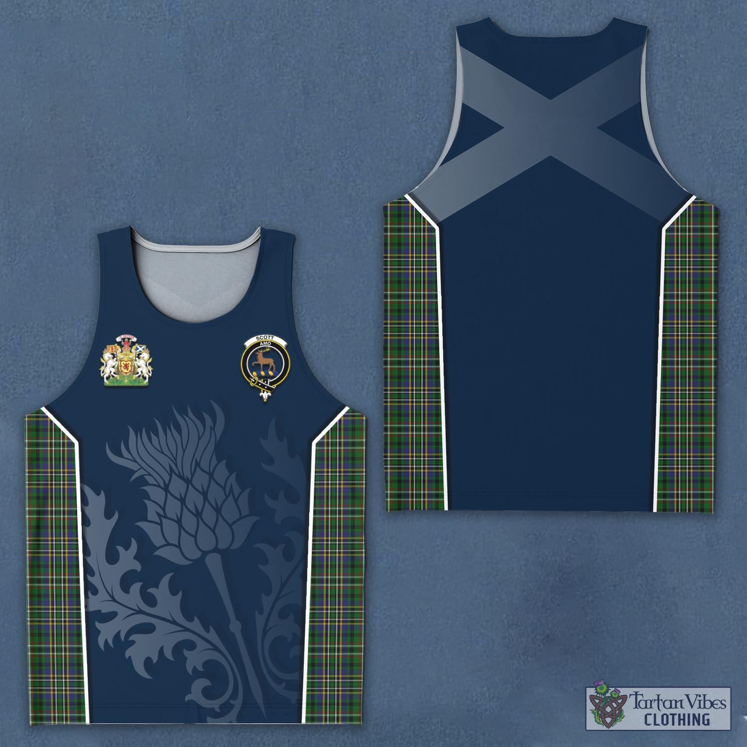 Tartan Vibes Clothing Scott Green Tartan Men's Tanks Top with Family Crest and Scottish Thistle Vibes Sport Style