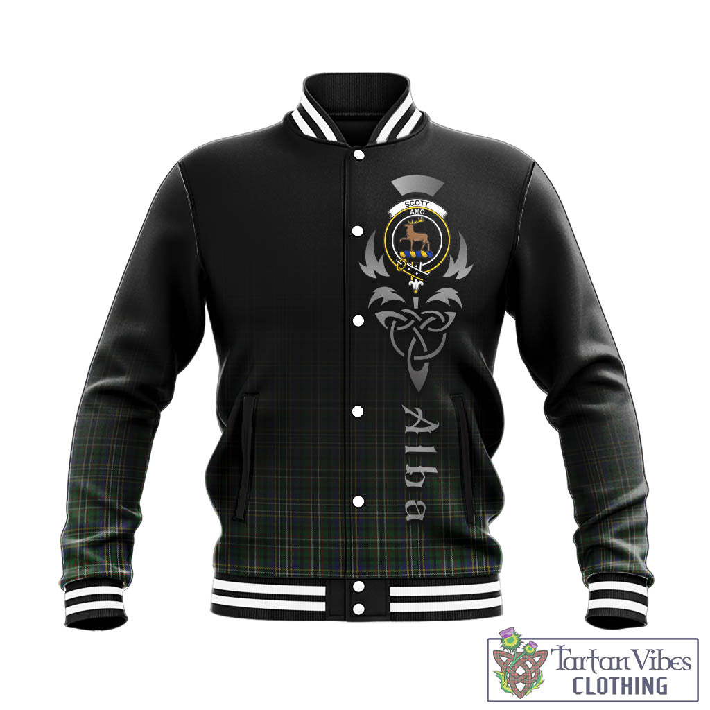 Tartan Vibes Clothing Scott Green Tartan Baseball Jacket Featuring Alba Gu Brath Family Crest Celtic Inspired