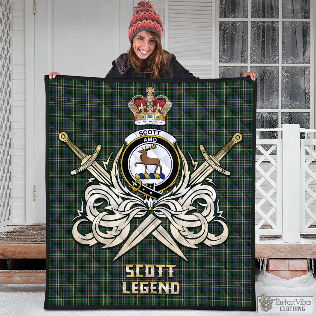 Tartan Vibes Clothing Scott Green Tartan Quilt with Clan Crest and the Golden Sword of Courageous Legacy