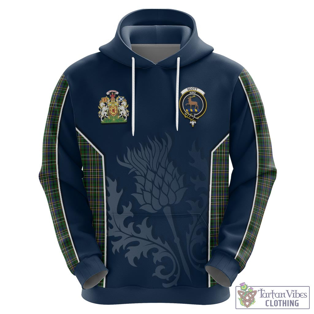 Tartan Vibes Clothing Scott Green Tartan Hoodie with Family Crest and Scottish Thistle Vibes Sport Style