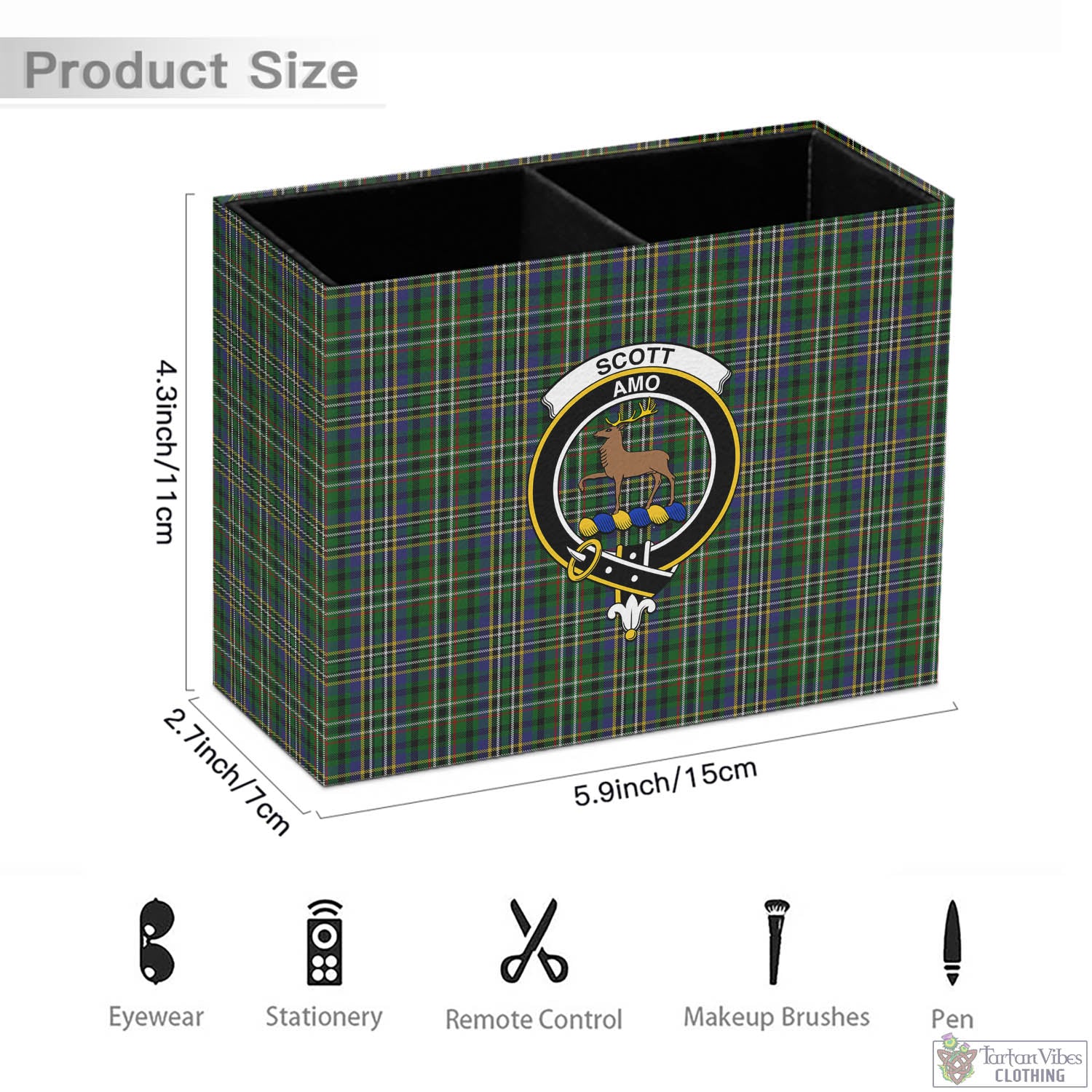 Tartan Vibes Clothing Scott Green Tartan Pen Holder with Family Crest