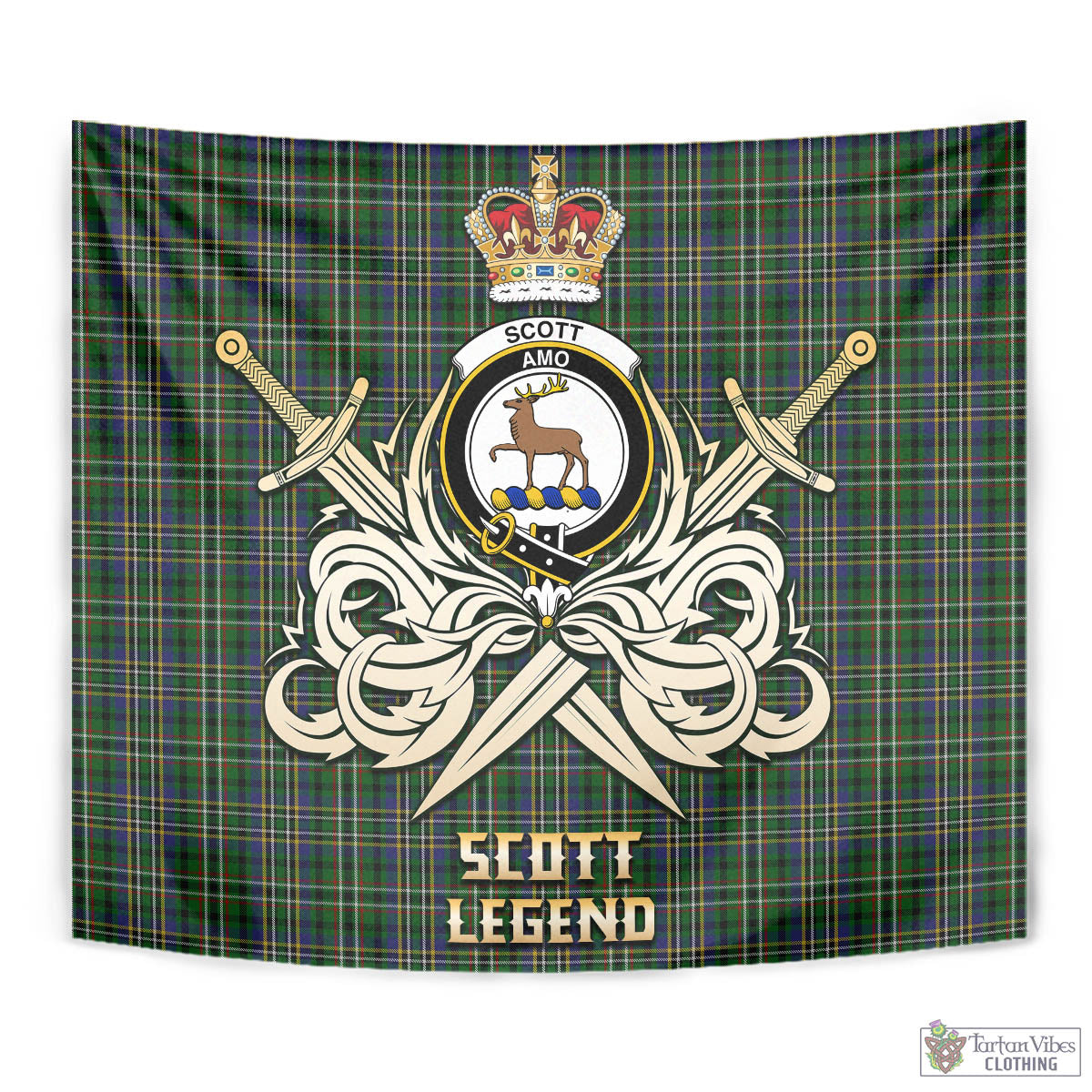 Tartan Vibes Clothing Scott Green Tartan Tapestry with Clan Crest and the Golden Sword of Courageous Legacy