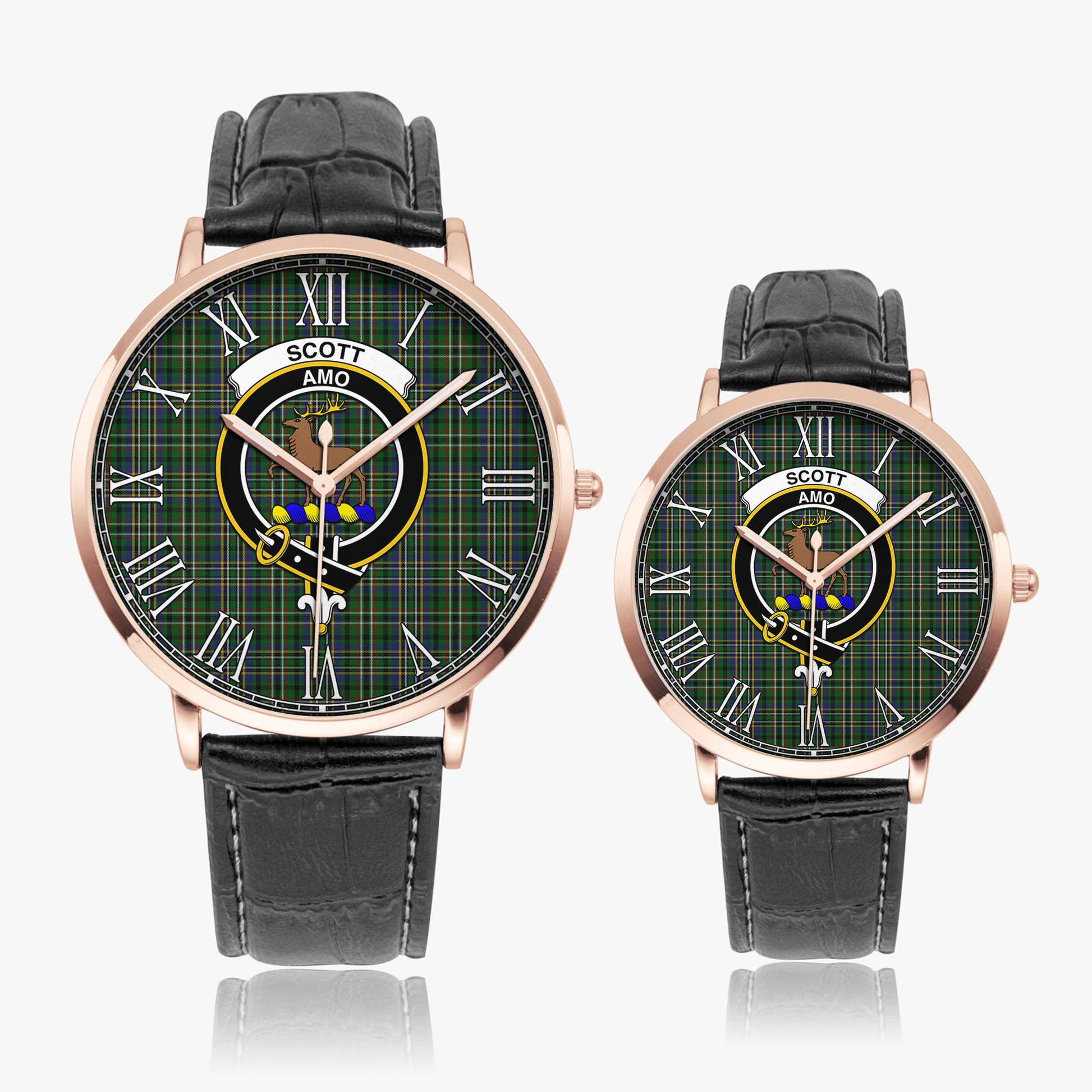 Scott Green Tartan Family Crest Leather Strap Quartz Watch - Tartanvibesclothing