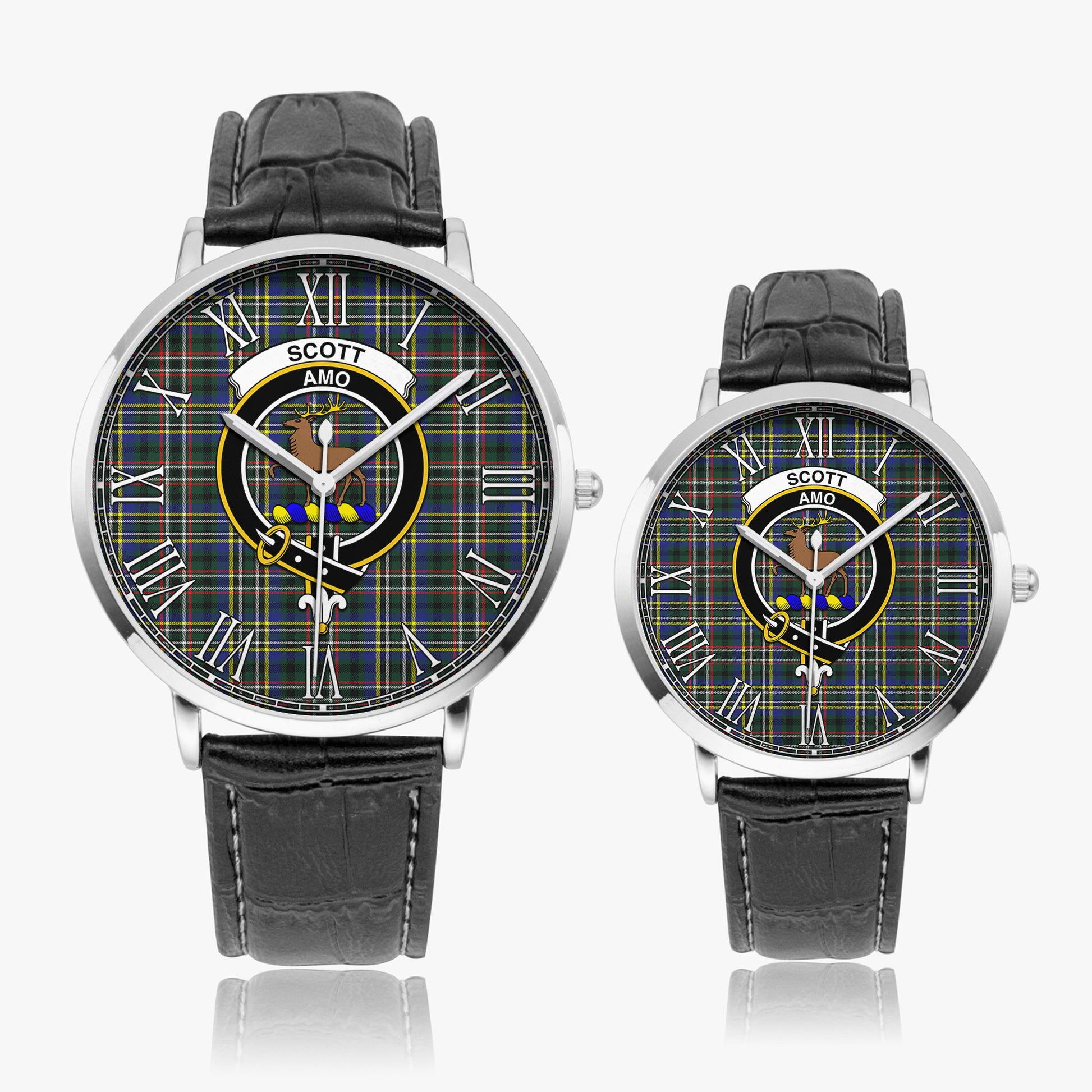 Scott Green Modern Tartan Family Crest Leather Strap Quartz Watch - Tartanvibesclothing