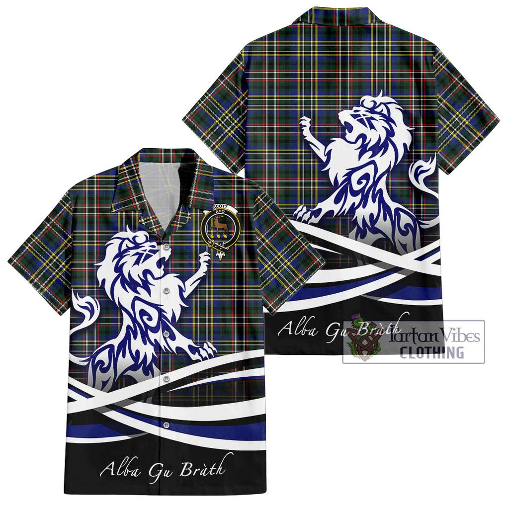 Scott Green Modern Tartan Short Sleeve Button Shirt with Alba Gu Brath Regal Lion Emblem Kid - Tartanvibesclothing Shop