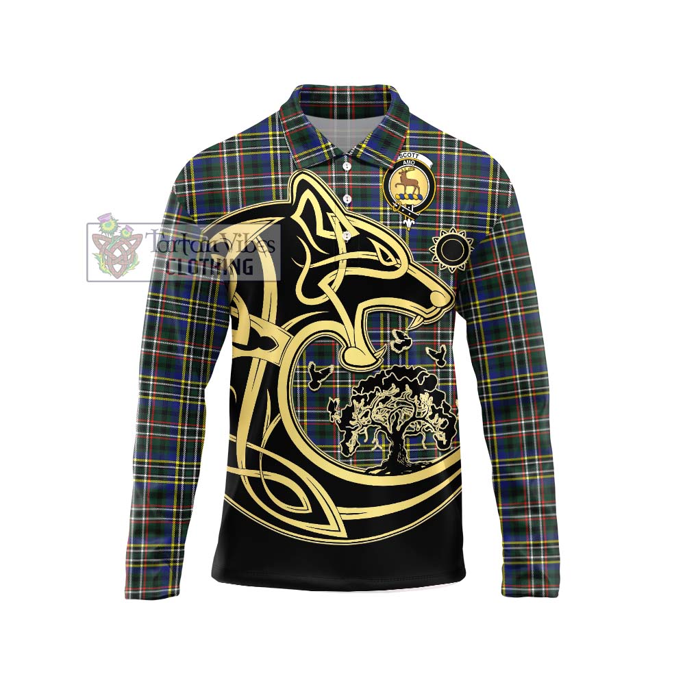 Tartan Vibes Clothing Scott Green Modern Tartan Long Sleeve Polo Shirt with Family Crest Celtic Wolf Style