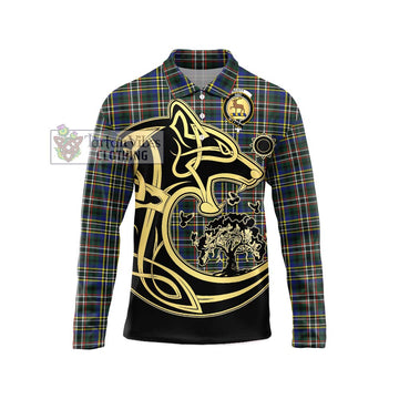 Scott Green Modern Tartan Long Sleeve Polo Shirt with Family Crest Celtic Wolf Style