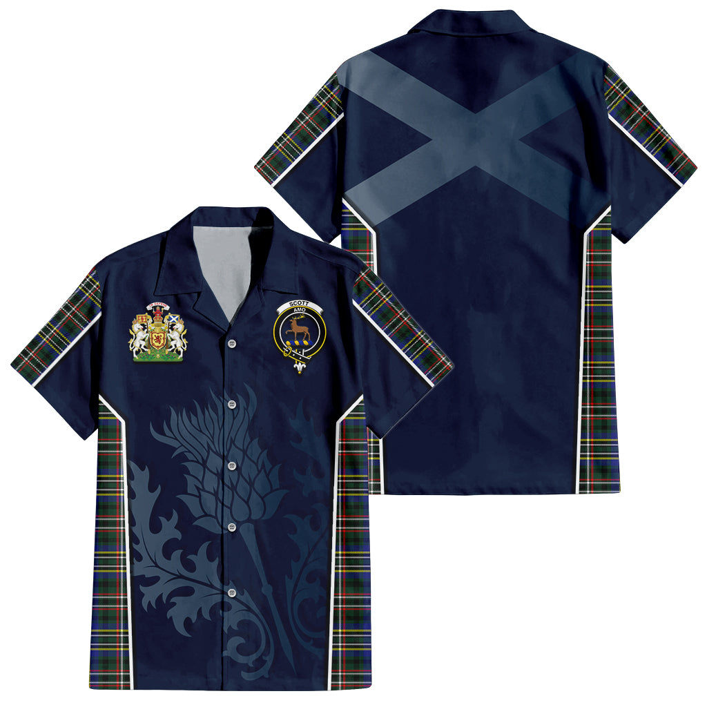 Tartan Vibes Clothing Scott Green Modern Tartan Short Sleeve Button Up Shirt with Family Crest and Scottish Thistle Vibes Sport Style
