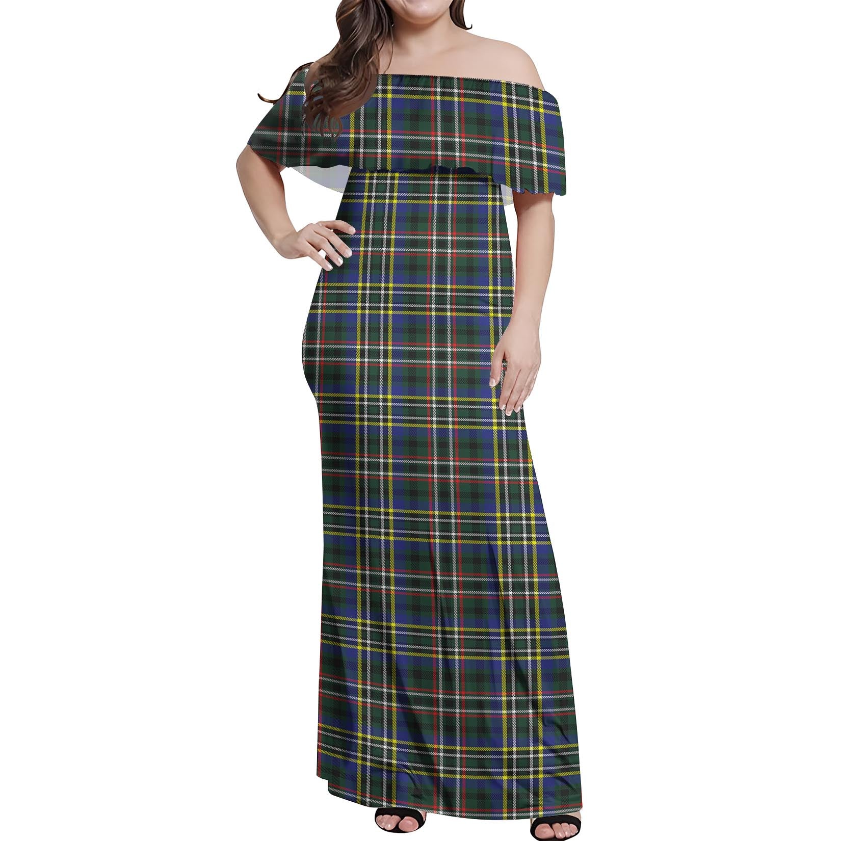 Scott Green Modern Tartan Off Shoulder Long Dress Women's Dress - Tartanvibesclothing