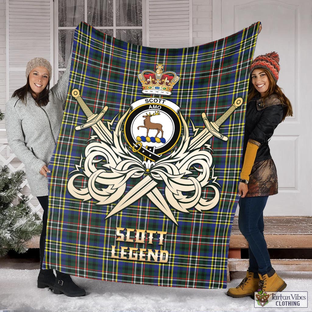 Tartan Vibes Clothing Scott Green Modern Tartan Blanket with Clan Crest and the Golden Sword of Courageous Legacy