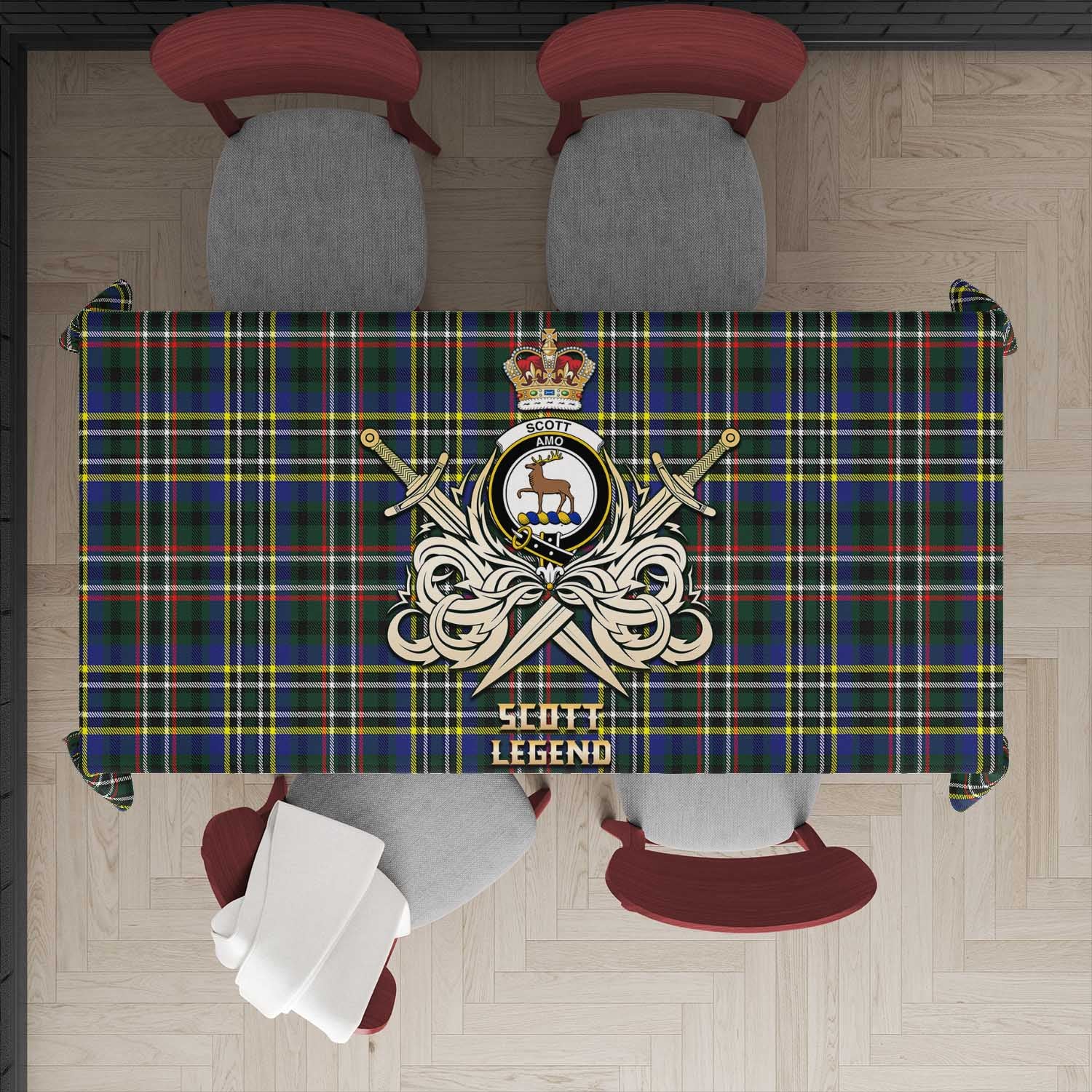 Tartan Vibes Clothing Scott Green Modern Tartan Tablecloth with Clan Crest and the Golden Sword of Courageous Legacy