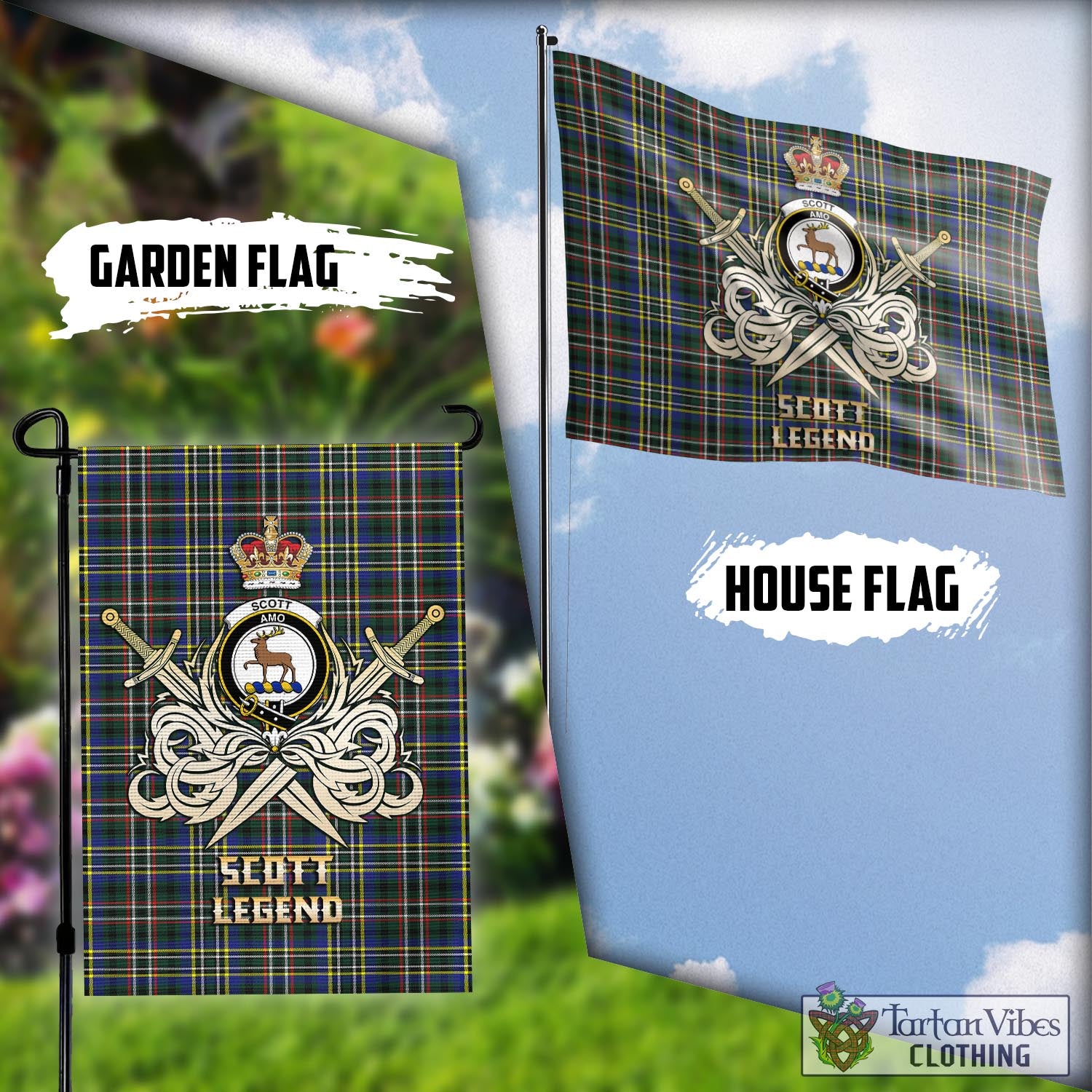 Tartan Vibes Clothing Scott Green Modern Tartan Flag with Clan Crest and the Golden Sword of Courageous Legacy