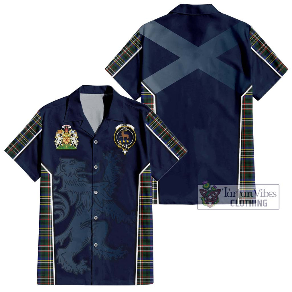 Scott Green Modern Tartan Short Sleeve Button Shirt with Family Crest and Lion Rampant Vibes Sport Style Kid - Tartan Vibes Clothing