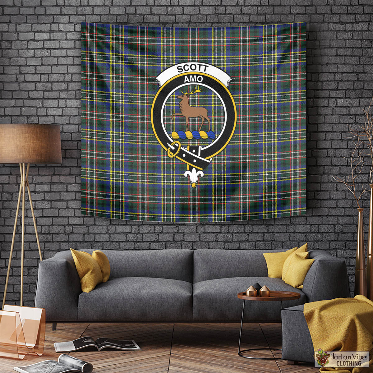 Tartan Vibes Clothing Scott Green Modern Tartan Tapestry Wall Hanging and Home Decor for Room with Family Crest