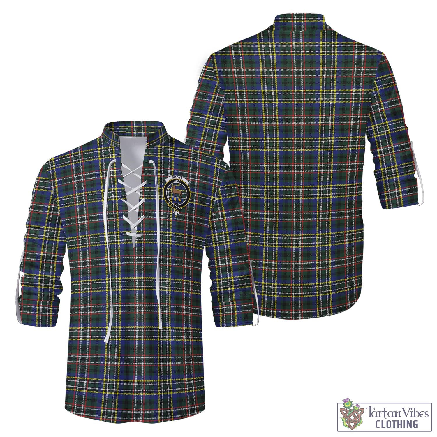 Tartan Vibes Clothing Scott Green Modern Tartan Men's Scottish Traditional Jacobite Ghillie Kilt Shirt with Family Crest