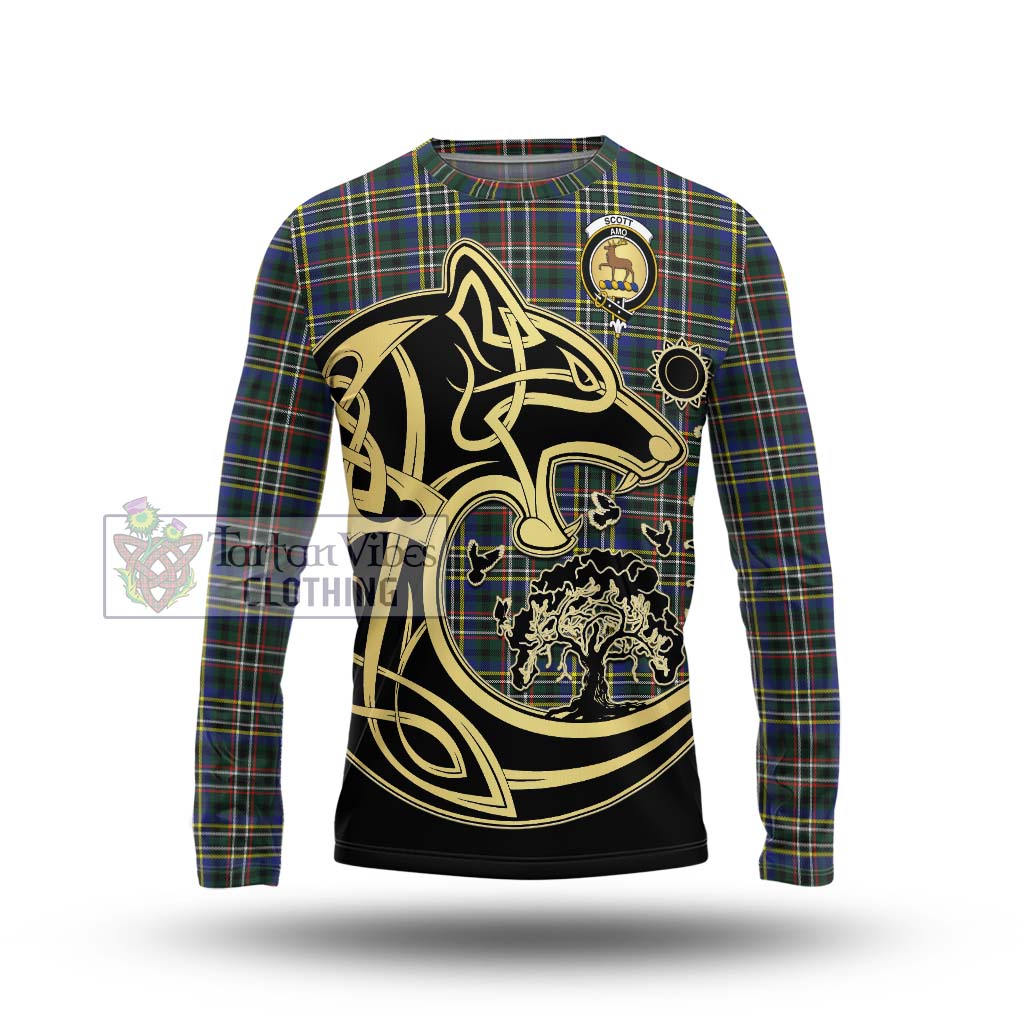 Tartan Vibes Clothing Scott Green Modern Tartan Long Sleeve T-Shirt with Family Crest Celtic Wolf Style