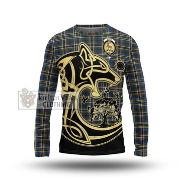 Scott Green Modern Tartan Long Sleeve T-Shirt with Family Crest Celtic Wolf Style