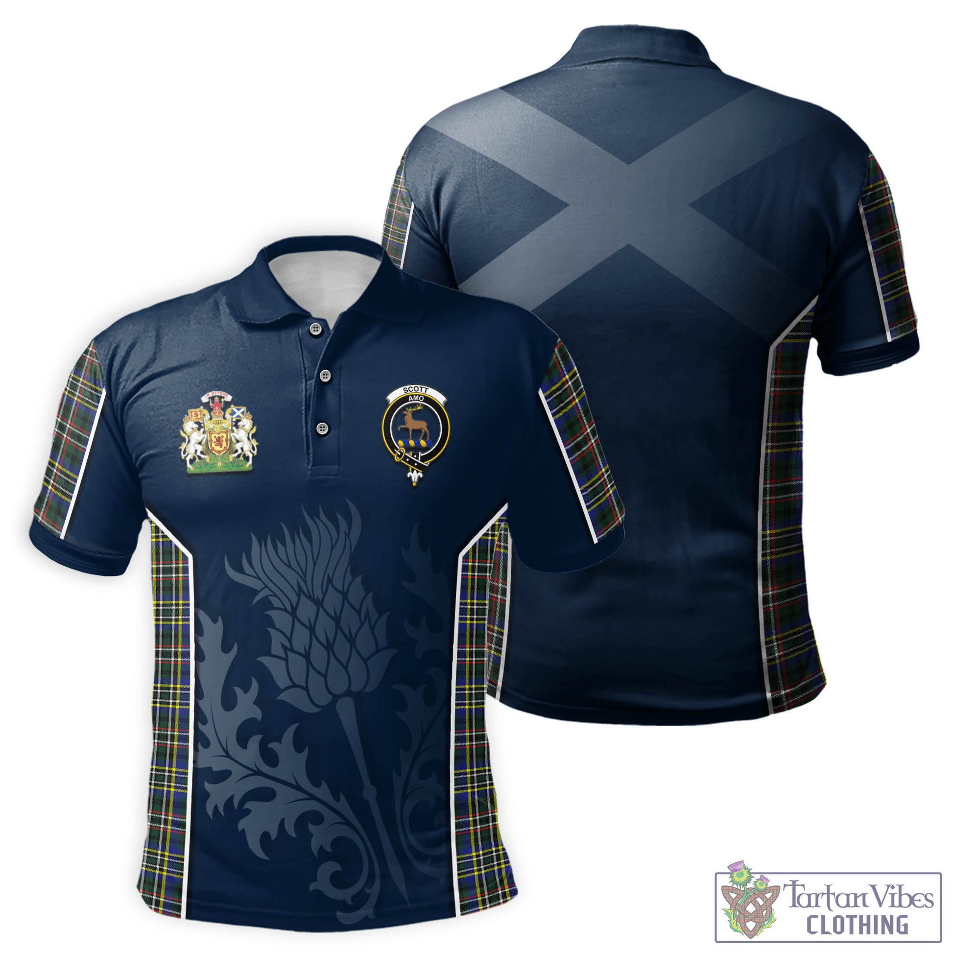 Tartan Vibes Clothing Scott Green Modern Tartan Men's Polo Shirt with Family Crest and Scottish Thistle Vibes Sport Style