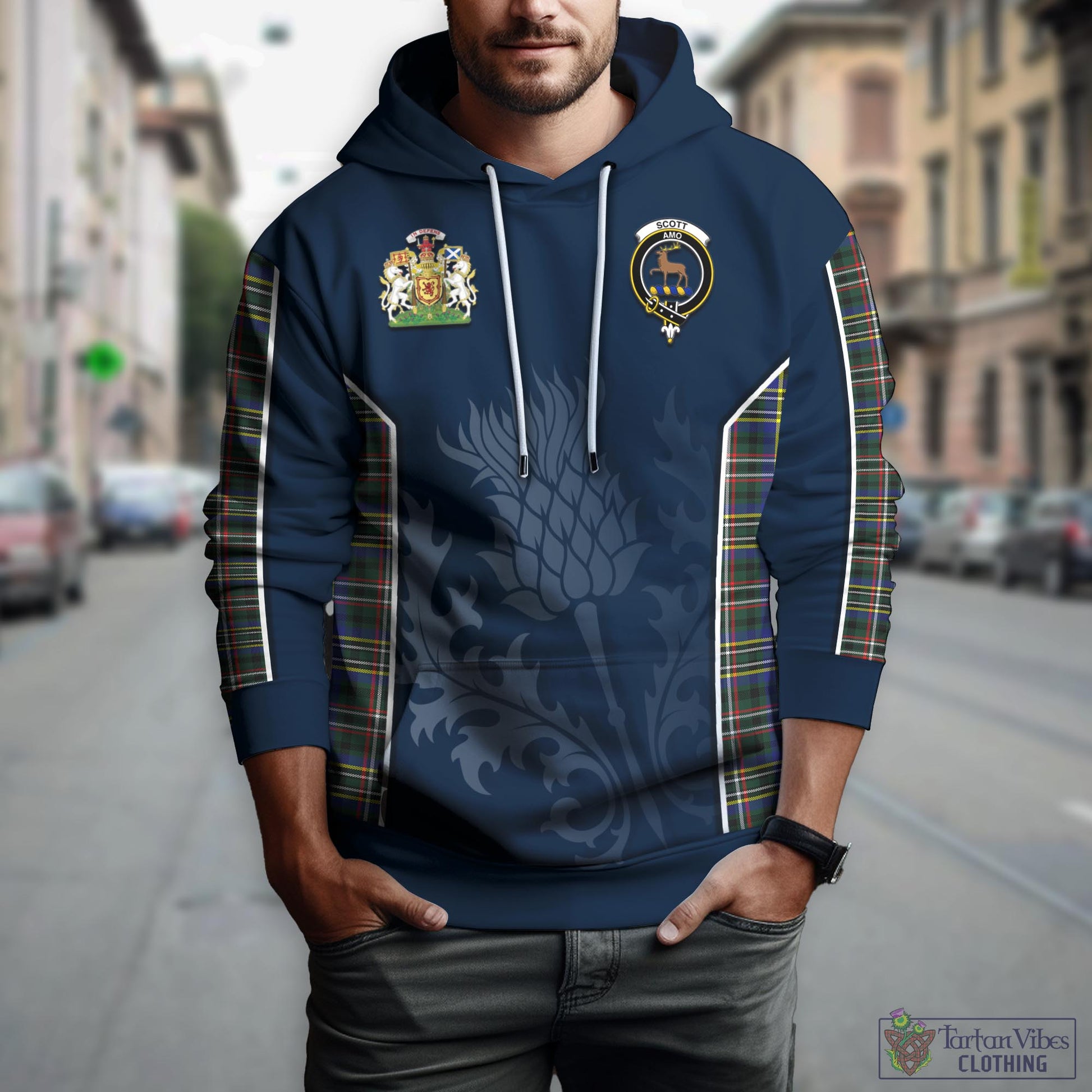 Tartan Vibes Clothing Scott Green Modern Tartan Hoodie with Family Crest and Scottish Thistle Vibes Sport Style