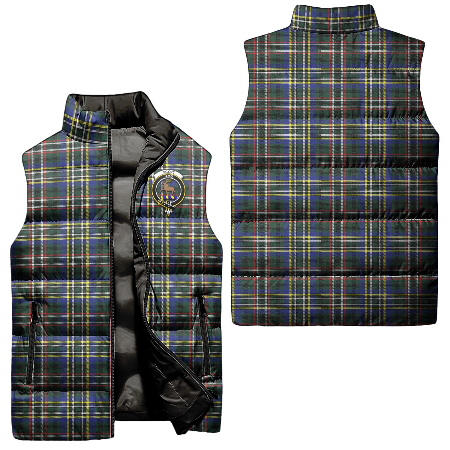 Scott Green Modern Tartan Sleeveless Puffer Jacket with Family Crest Unisex - Tartanvibesclothing