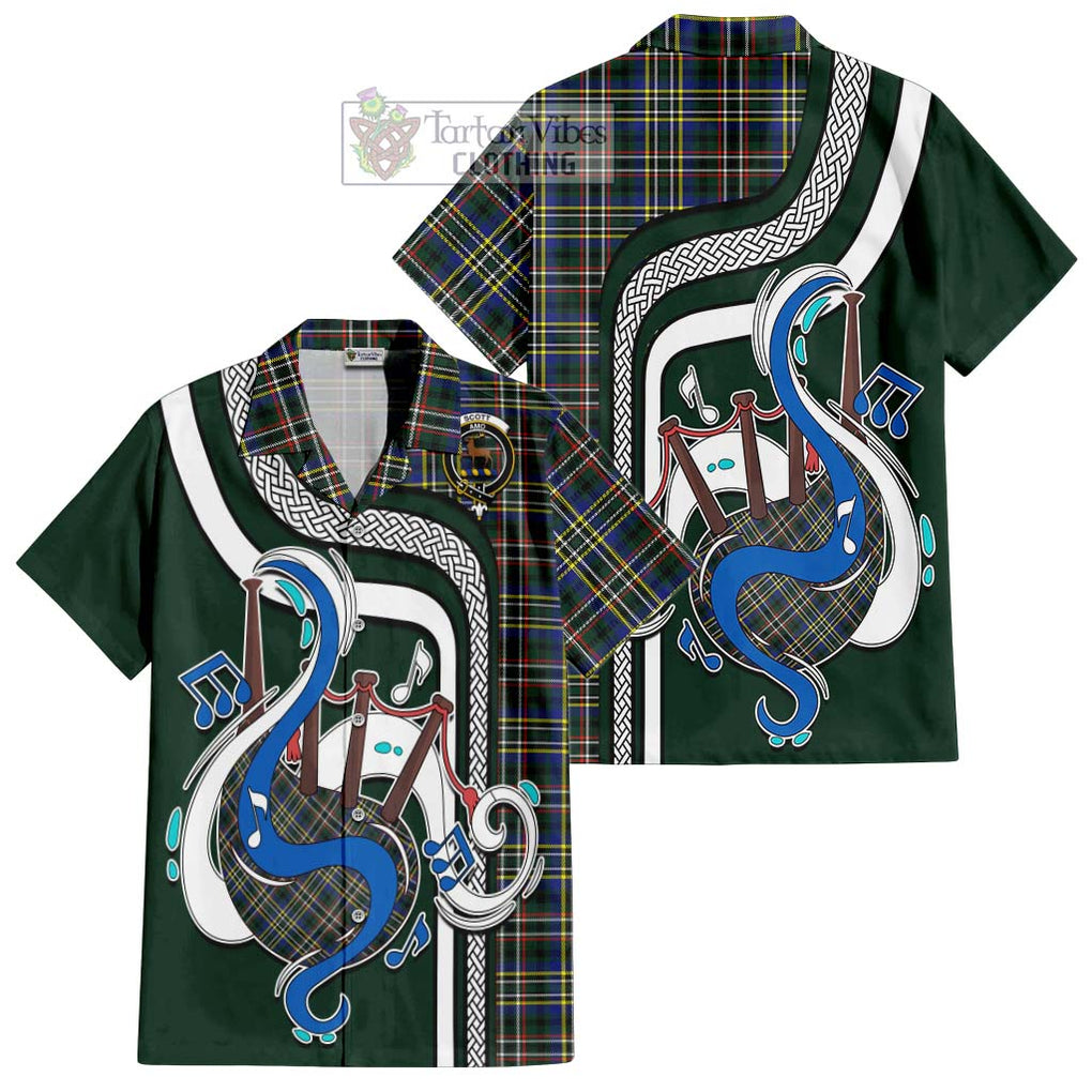 Scott Green Modern Tartan Short Sleeve Button Shirt with Epic Bagpipe Style Kid - Tartanvibesclothing Shop