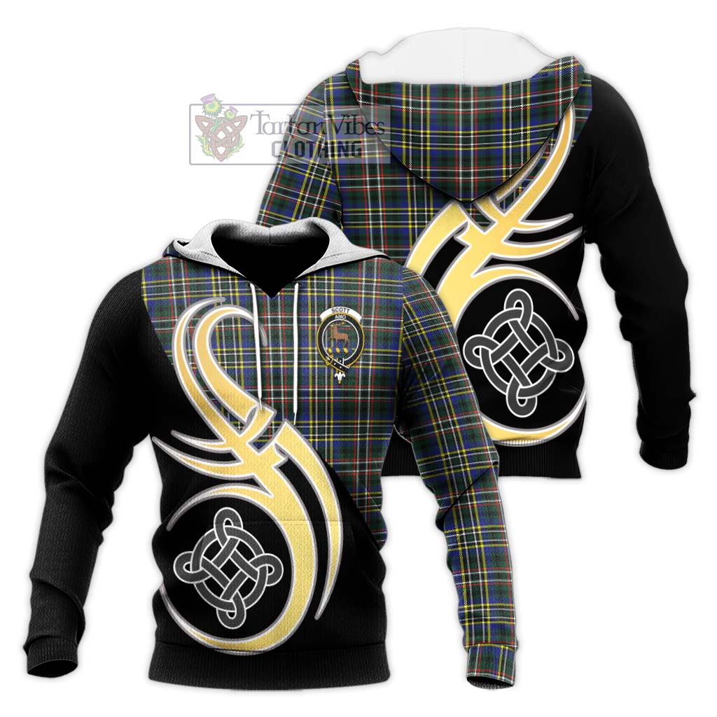 Tartan Vibes Clothing Scott Green Modern Tartan Knitted Hoodie with Family Crest and Celtic Symbol Style