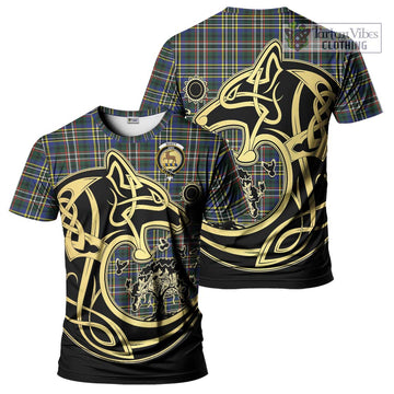 Scott Green Modern Tartan T-Shirt with Family Crest Celtic Wolf Style