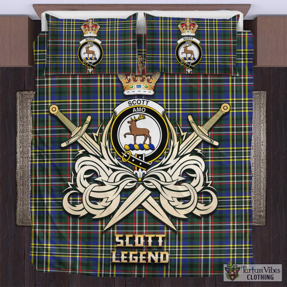 Tartan Vibes Clothing Scott Green Modern Tartan Bedding Set with Clan Crest and the Golden Sword of Courageous Legacy