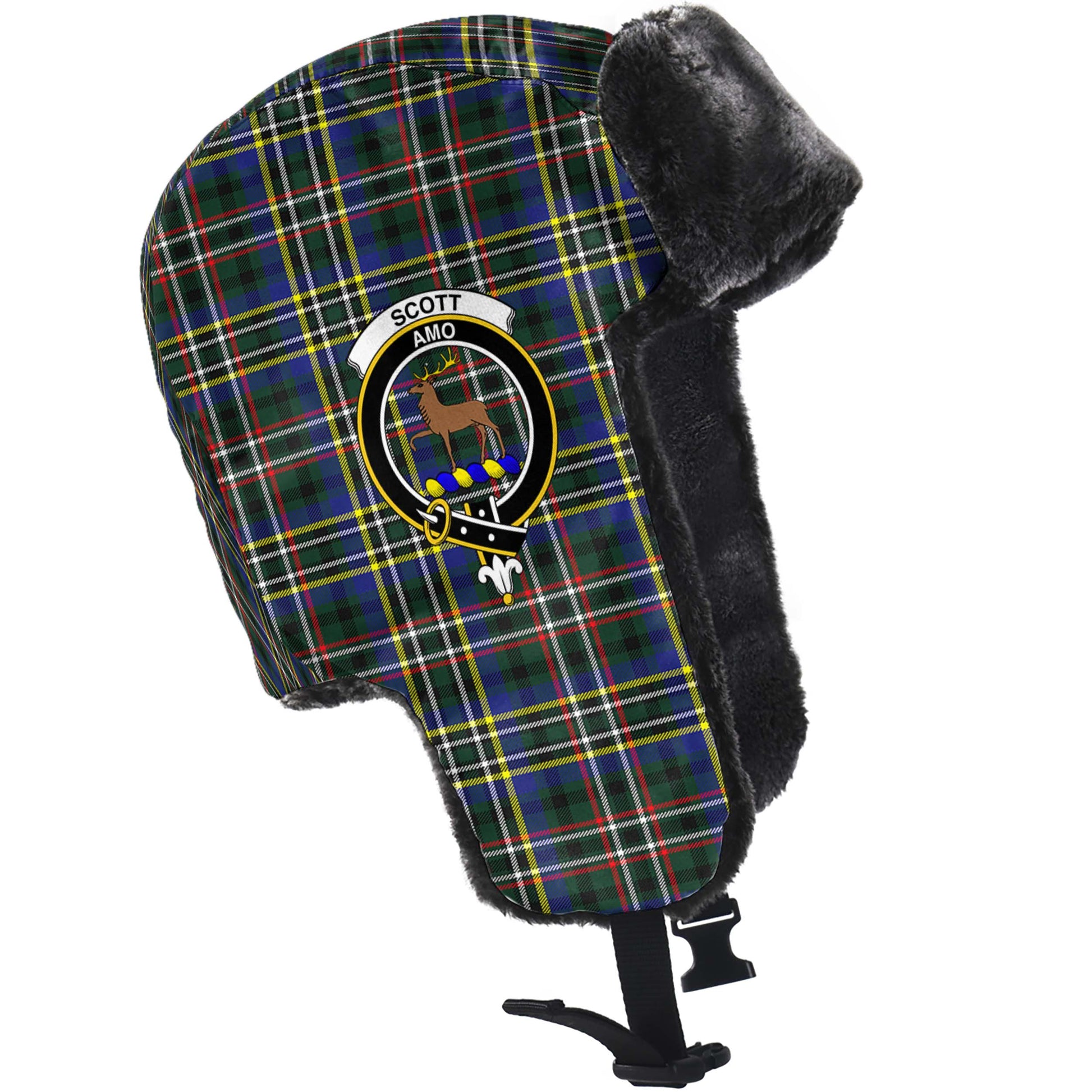 Scott Green Modern Tartan Winter Trapper Hat with Family Crest - Tartanvibesclothing