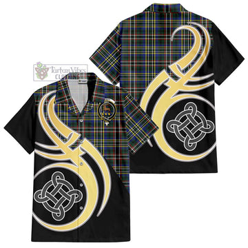 Scott Green Modern Tartan Short Sleeve Button Shirt with Family Crest and Celtic Symbol Style