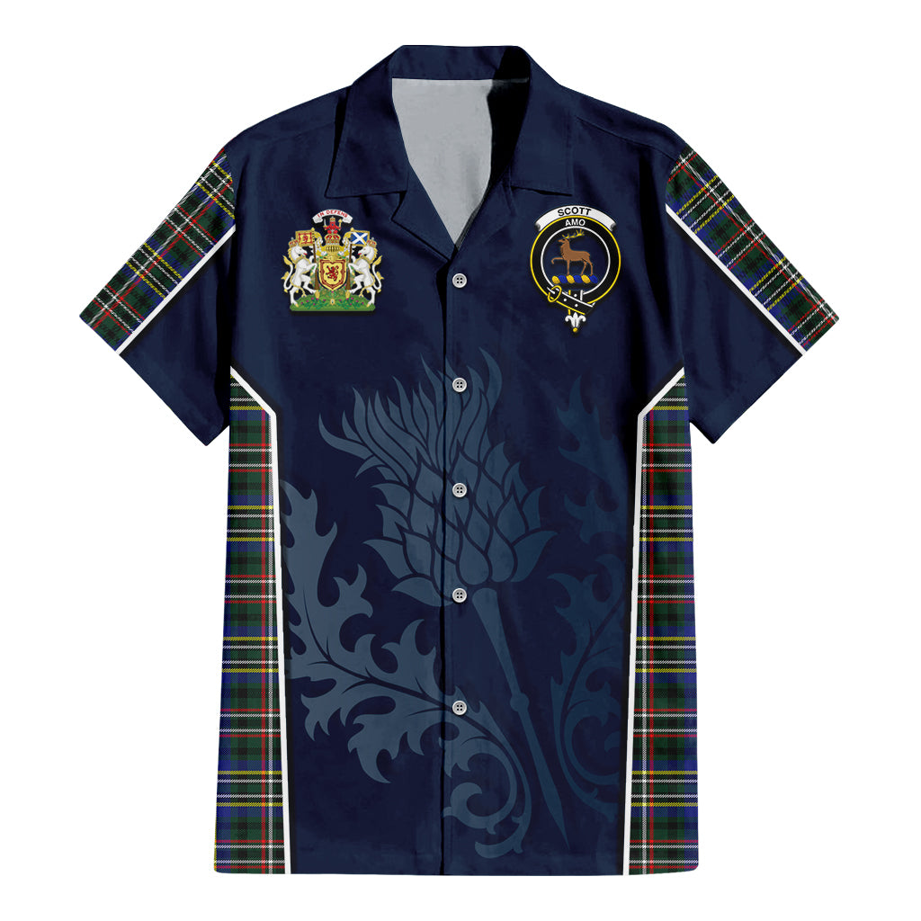 Tartan Vibes Clothing Scott Green Modern Tartan Short Sleeve Button Up Shirt with Family Crest and Scottish Thistle Vibes Sport Style