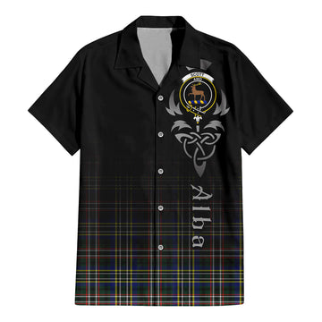 Scott Green Modern Tartan Short Sleeve Button Up Featuring Alba Gu Brath Family Crest Celtic Inspired
