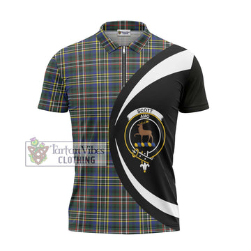Scott Green Modern Tartan Zipper Polo Shirt with Family Crest Circle Style
