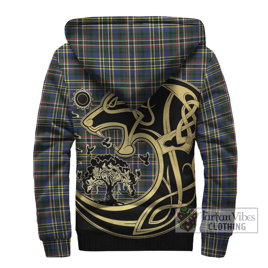 Tartan Vibes Clothing Scott Green Modern Tartan Sherpa Hoodie with Family Crest Celtic Wolf Style