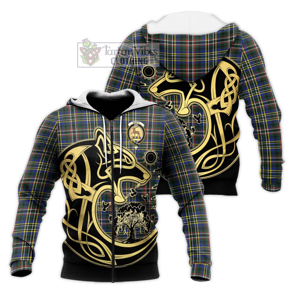 Tartan Vibes Clothing Scott Green Modern Tartan Knitted Hoodie with Family Crest Celtic Wolf Style