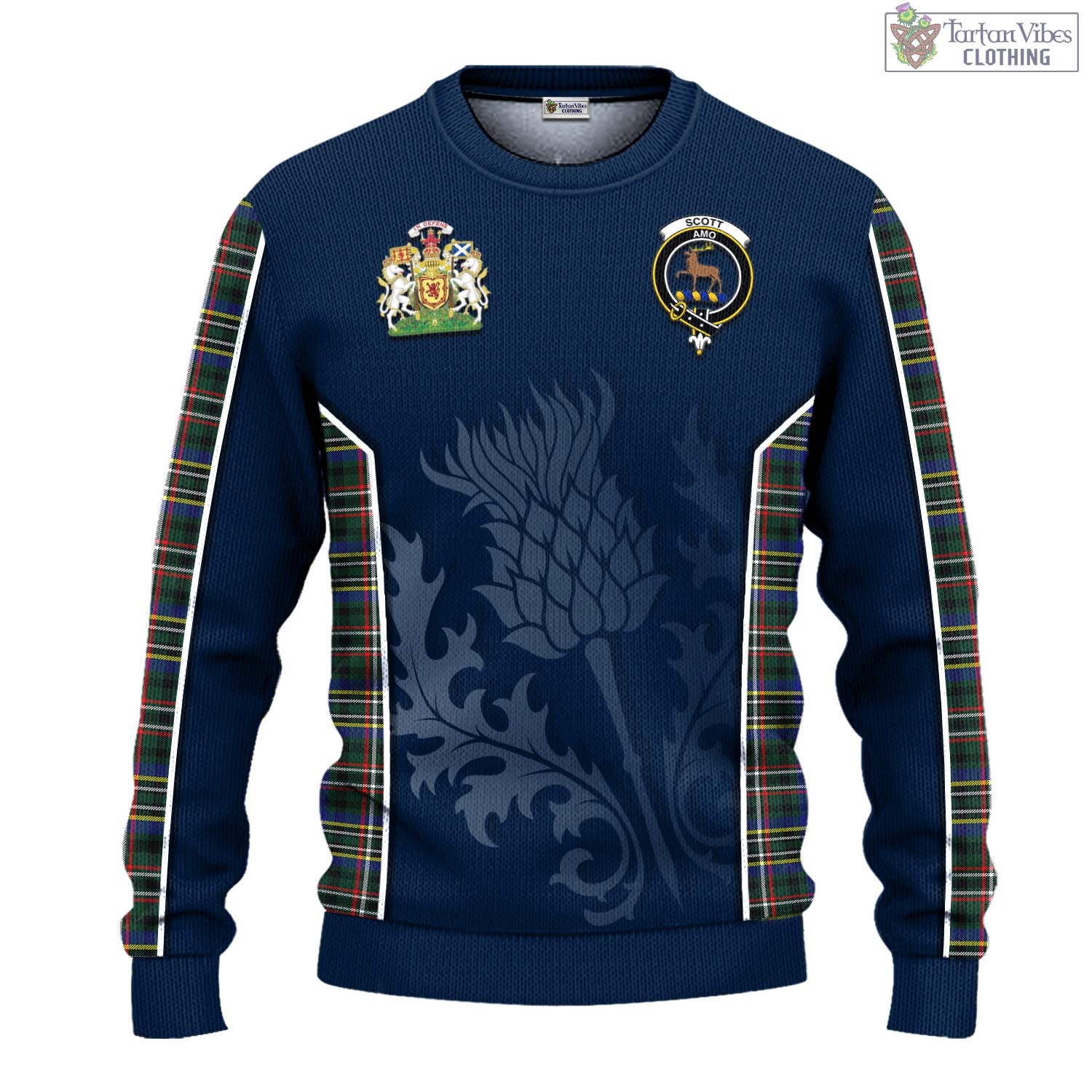 Tartan Vibes Clothing Scott Green Modern Tartan Knitted Sweatshirt with Family Crest and Scottish Thistle Vibes Sport Style