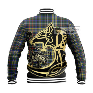 Scott Green Modern Tartan Baseball Jacket with Family Crest Celtic Wolf Style