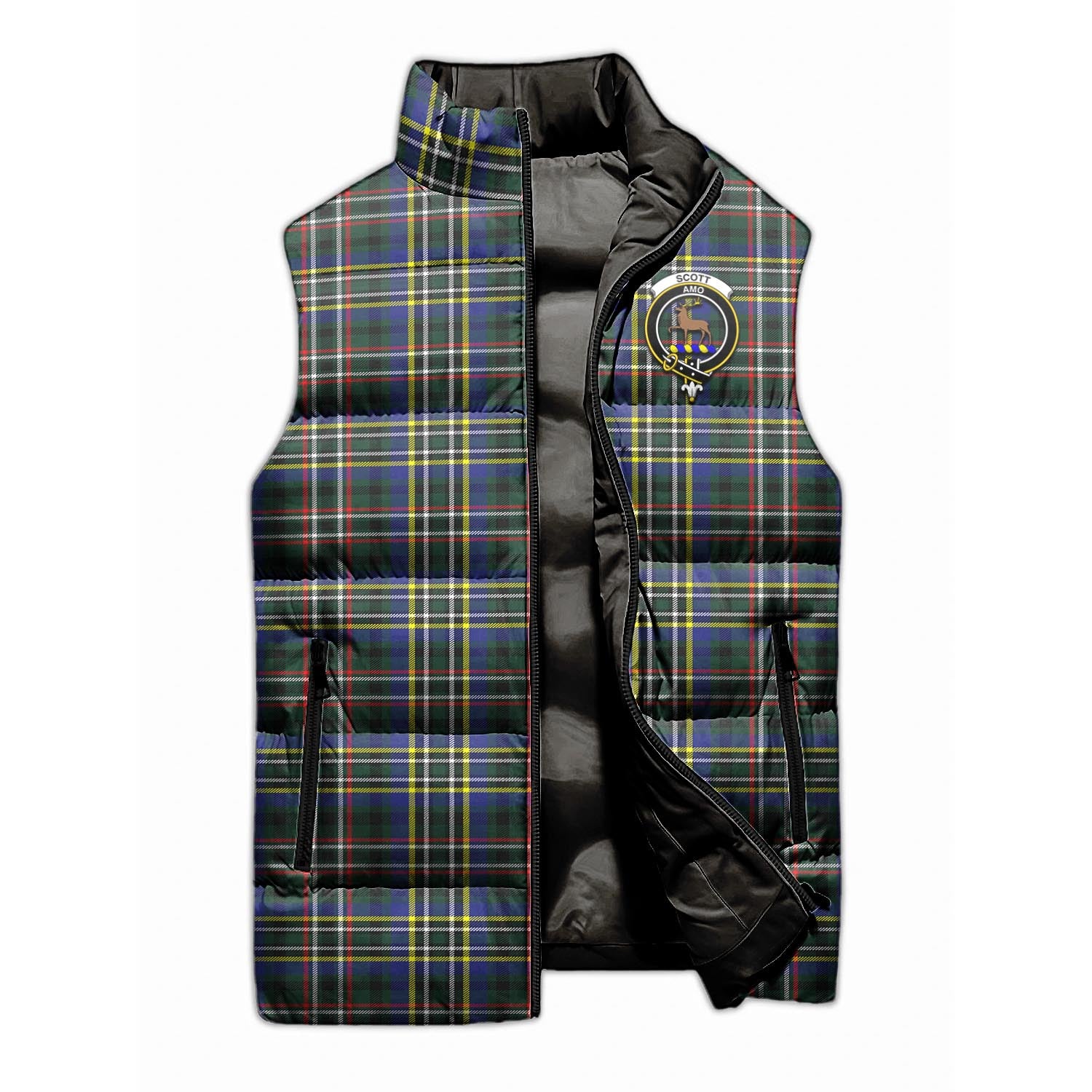 Scott Green Modern Tartan Sleeveless Puffer Jacket with Family Crest - Tartanvibesclothing