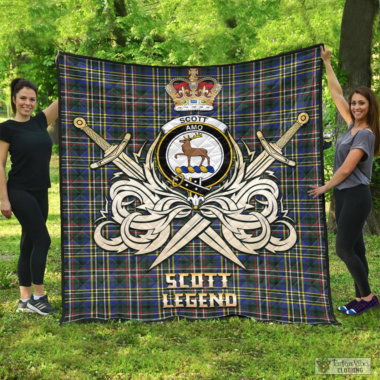 Tartan Vibes Clothing Scott Green Modern Tartan Quilt with Clan Crest and the Golden Sword of Courageous Legacy