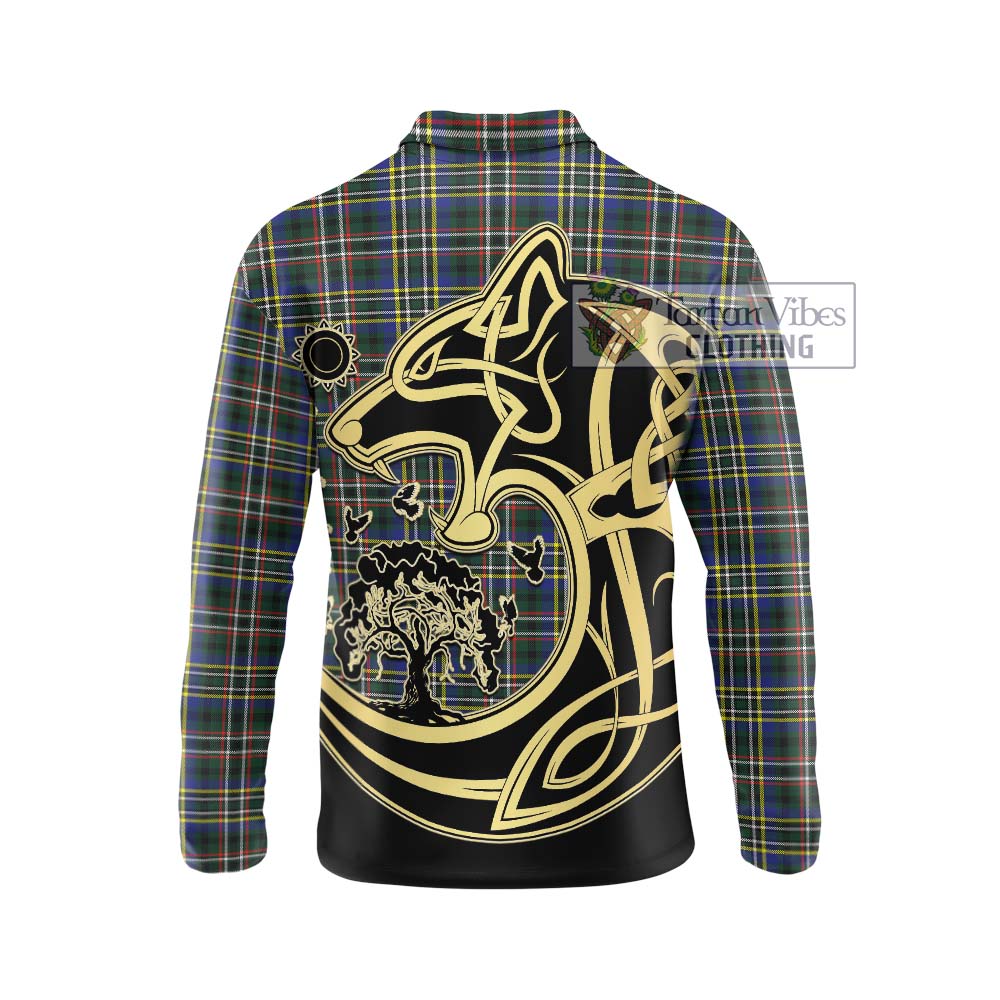 Tartan Vibes Clothing Scott Green Modern Tartan Long Sleeve Polo Shirt with Family Crest Celtic Wolf Style