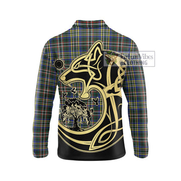 Scott Green Modern Tartan Long Sleeve Polo Shirt with Family Crest Celtic Wolf Style