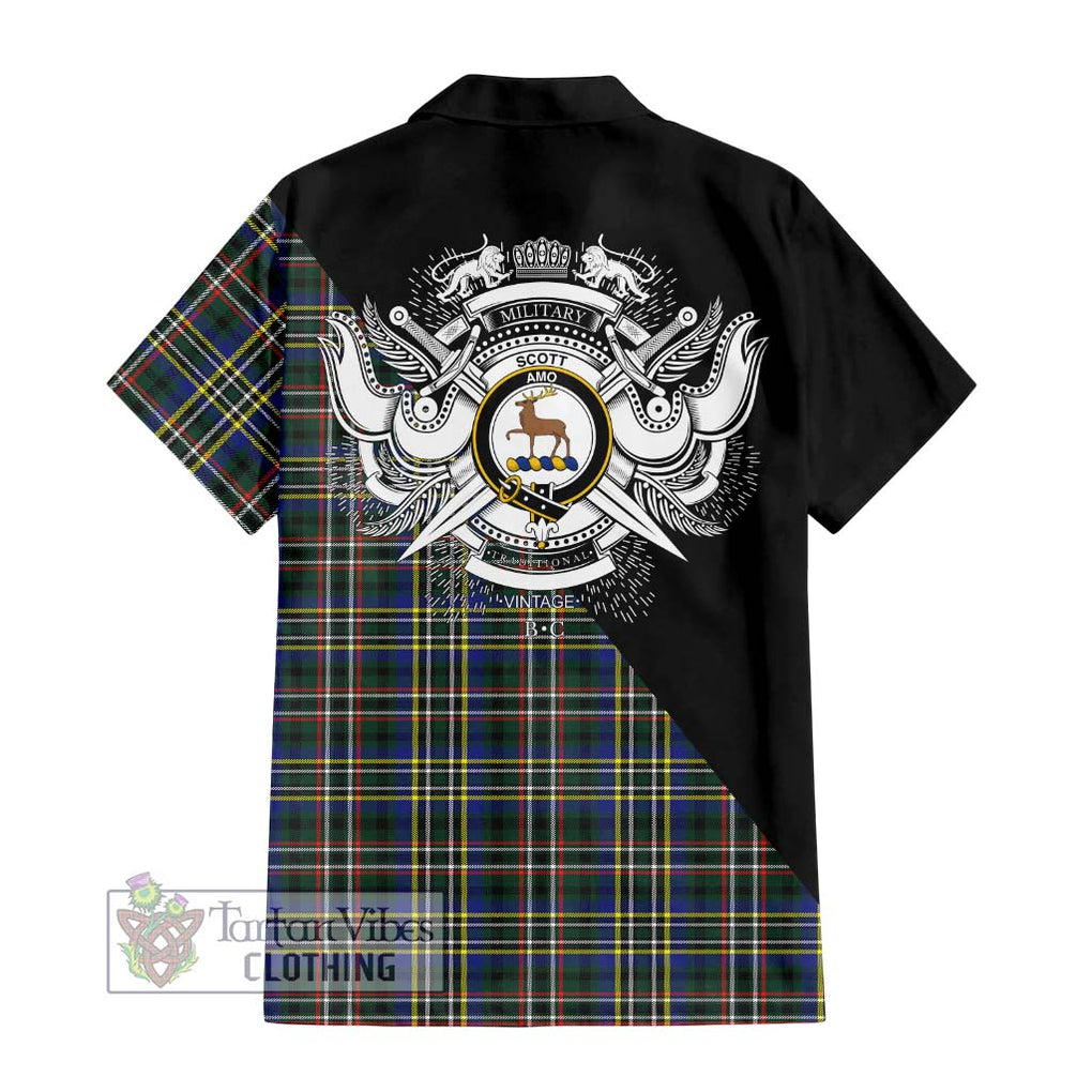 Scott Green Modern Tartan Short Sleeve Button Shirt with Family Crest and Military Logo Style - Tartanvibesclothing Shop