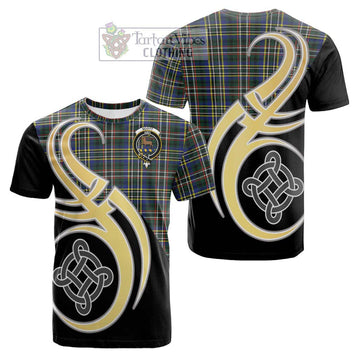 Scott Green Modern Tartan Cotton T-shirt with Family Crest and Celtic Symbol Style