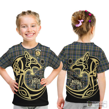 Scott Green Modern Tartan Kid T-Shirt with Family Crest Celtic Wolf Style