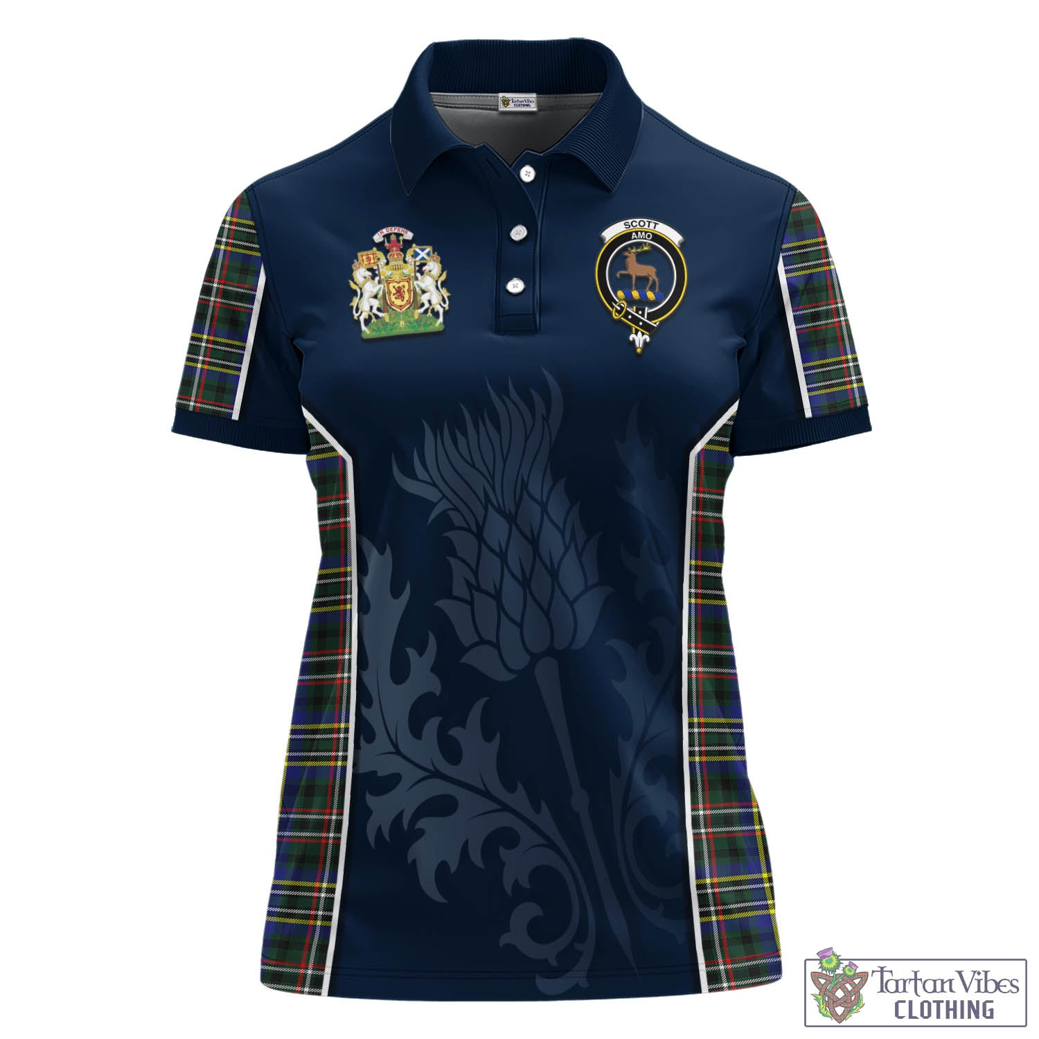 Tartan Vibes Clothing Scott Green Modern Tartan Women's Polo Shirt with Family Crest and Scottish Thistle Vibes Sport Style