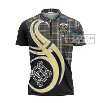 Scott Green Modern Tartan Zipper Polo Shirt with Family Crest and Celtic Symbol Style