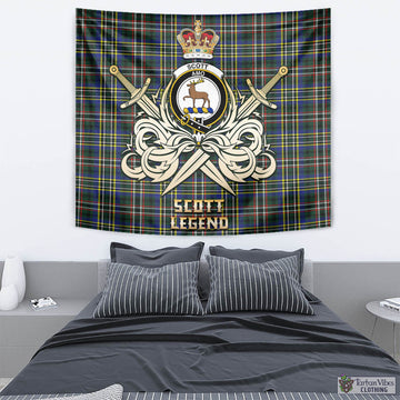 Scott Green Modern Tartan Tapestry with Clan Crest and the Golden Sword of Courageous Legacy