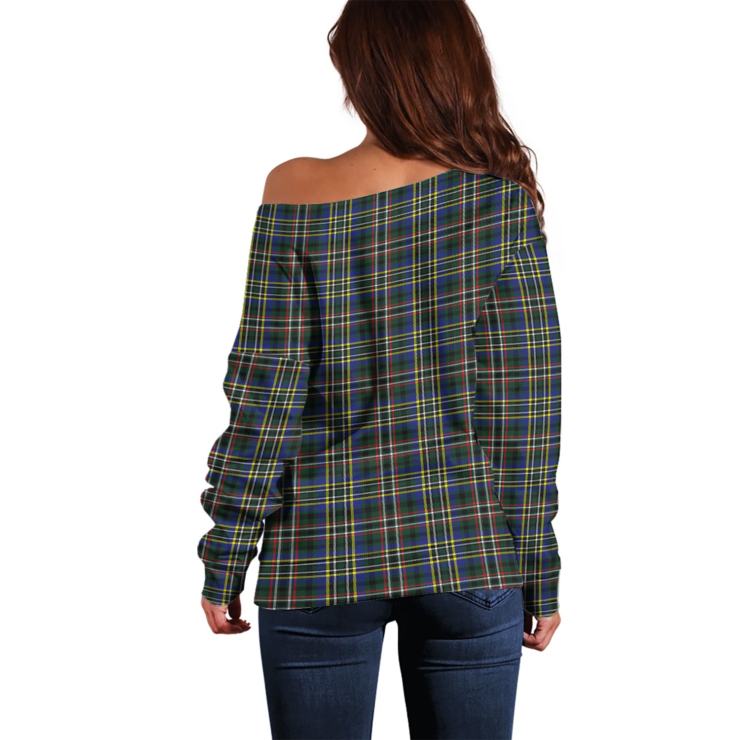 Scott Green Modern Tartan Off Shoulder Women Sweater with Family Crest - Tartanvibesclothing Shop