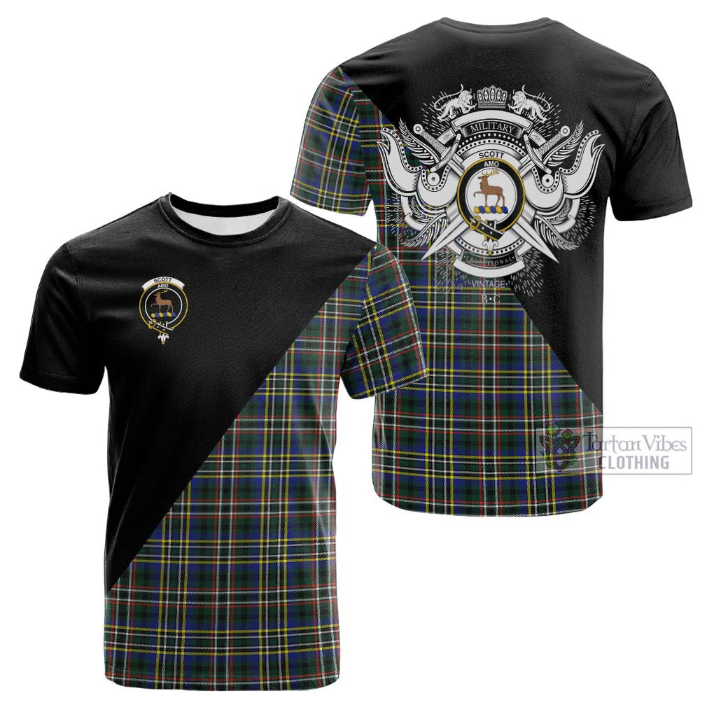 Tartan Vibes Clothing Scott Green Modern Tartan Cotton T-shirt with Family Crest and Military Logo Style